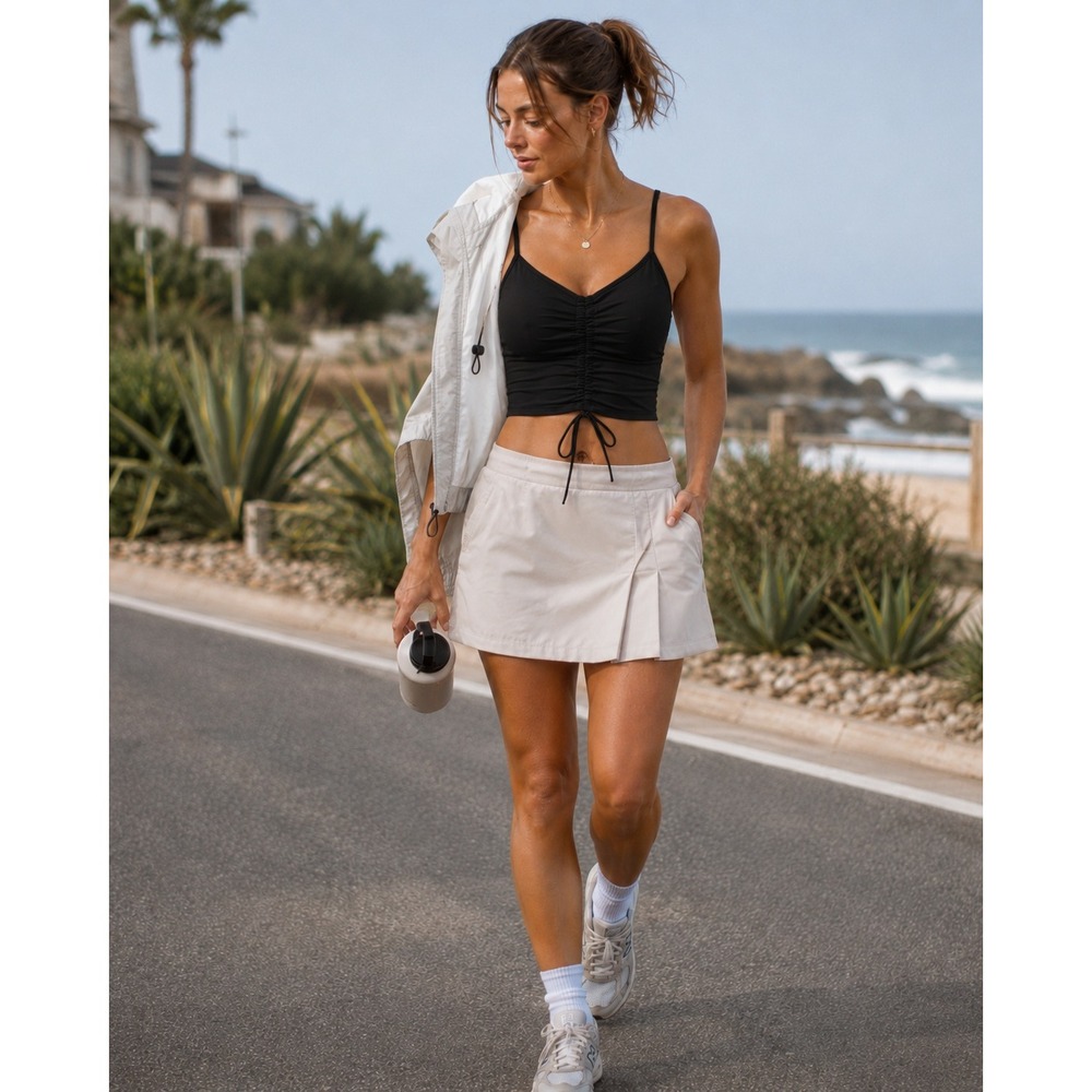 Leapstride Women Black Ruched Athletic Crop Top Bra Cami Drawstring Small